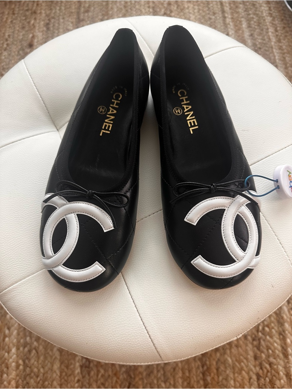 CHANEL 2026 Coco Beach CC Logo Black Leather  Ballet Ballerina Flats, size 38.5